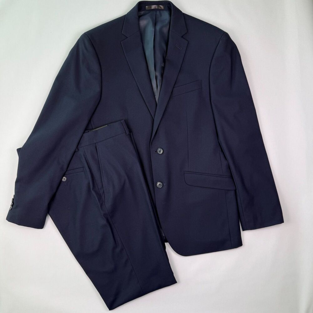Reaction Kenneth Cole Techni-Cole Suit 38R W31 Navy Blue Stretch 2 Piece